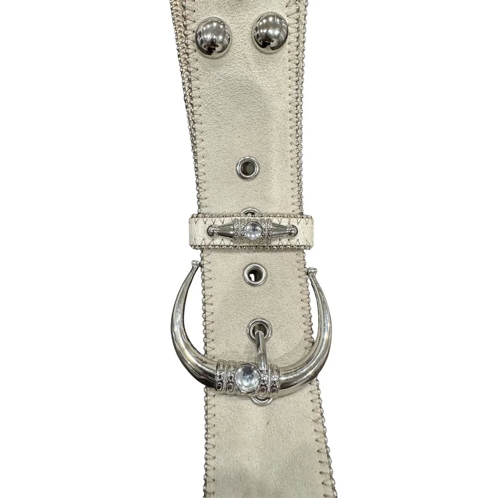 Kathy Van Zeeland Womens Cream Studded Belt Silver Buckle Crystal M 601765